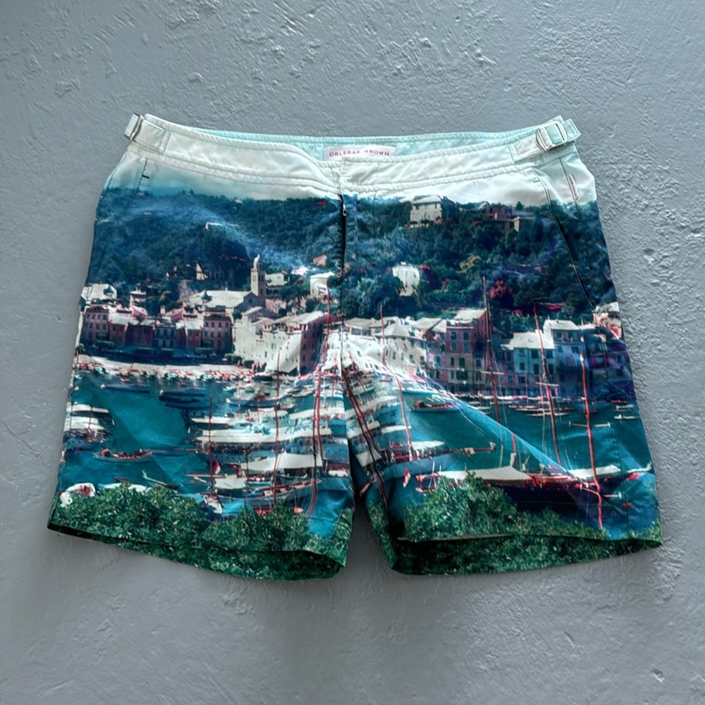 Orlebar Brown Teal Blue Harbor Print Swim Trunks